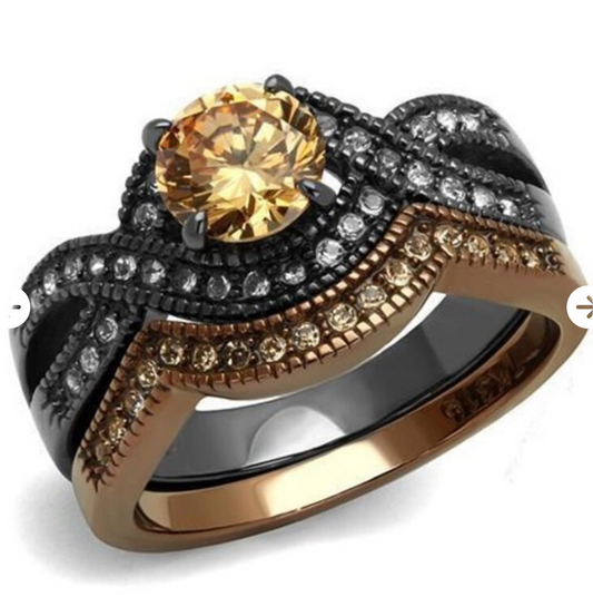 Two Toned Round 1.23ct Champagne Topaz Bridal Set size 5