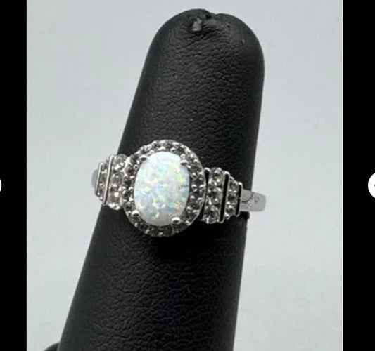 Oval Opal Sterling Silver Ring with CZ Diamonds Surrounding Sz 6