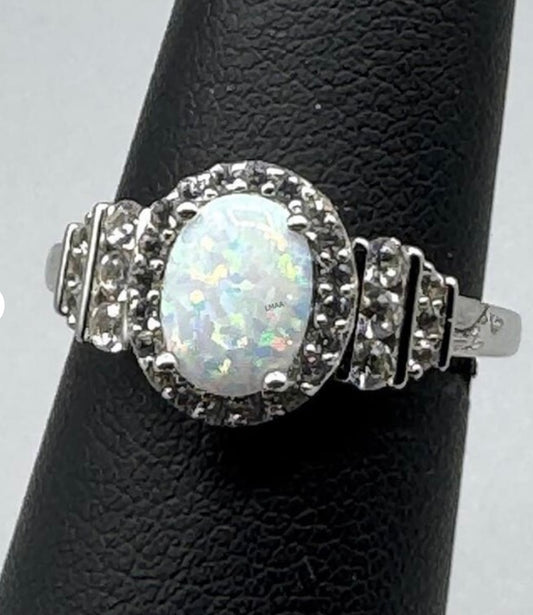 Oval Opal Sterling Silver Ring with CZ Diamonds Surrounding Sz 6