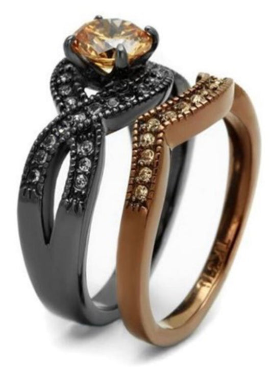 Two Toned Round 1.23ct Champagne Topaz Bridal Set size 5