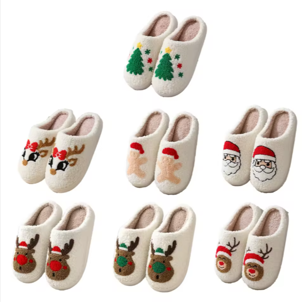 Christmas Reindeer, Santa and Gingerbread Man Plush Flat Slipper